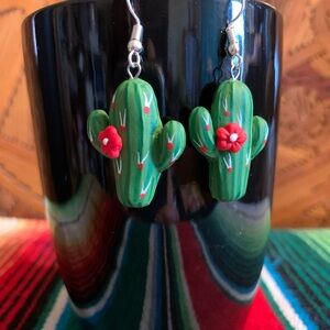 Vibrant Green Cactus Earrings with Red Floral Detail